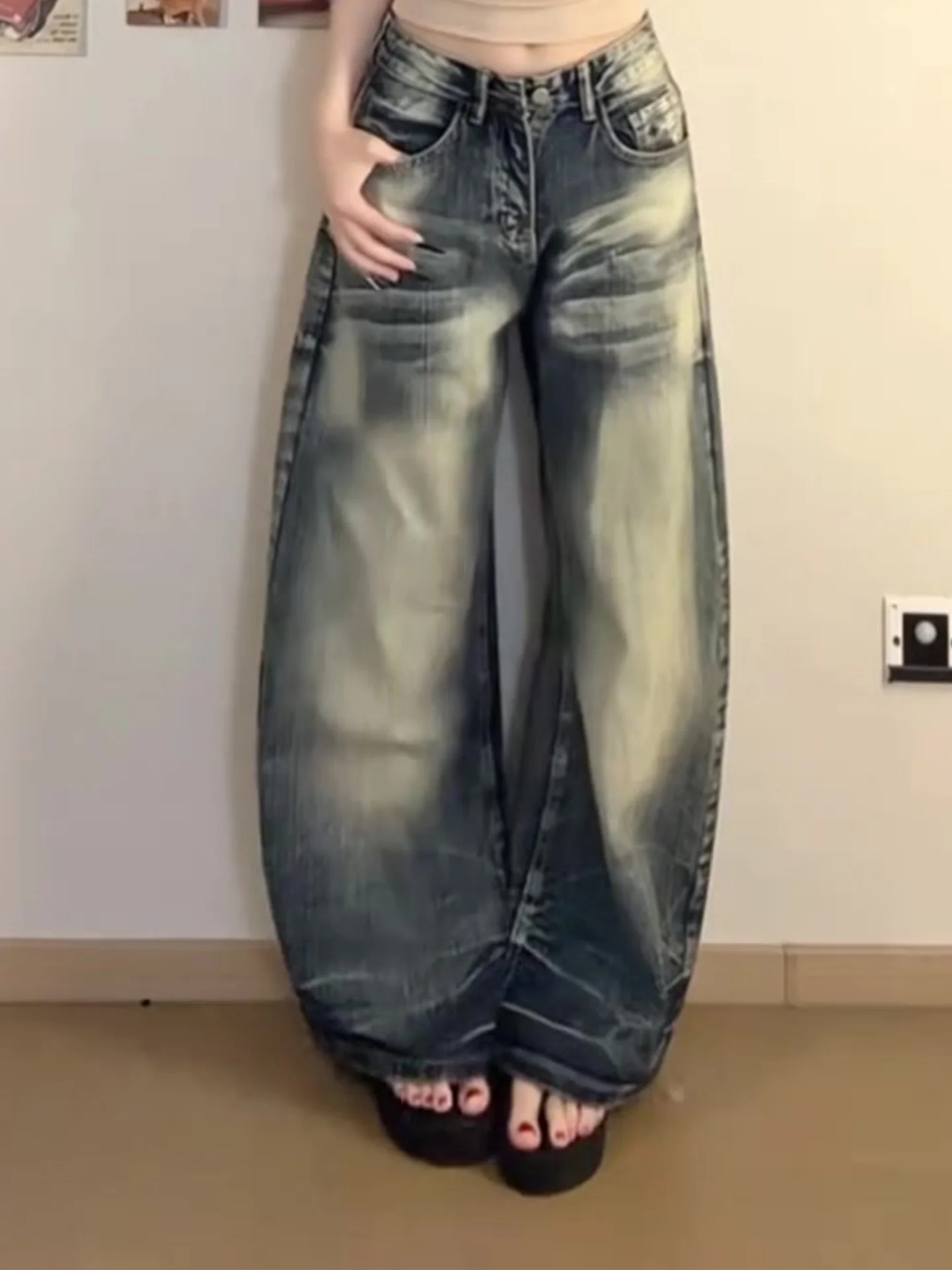 

Retro Washed Wide Leg Jeans Women's Loose Slim Fit High Street Style Summer 2026 Vintage Denim Pants Casual Straight Cut