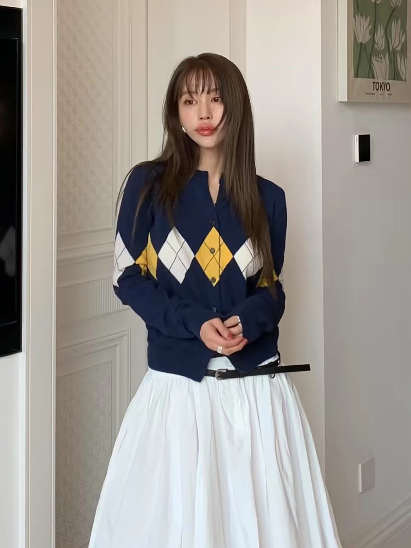 

Корейский повседневный вязаный свитер ранней осени, женский цветной свитер с ромбовидным узором, высококачественное открытое пальто-кардиган