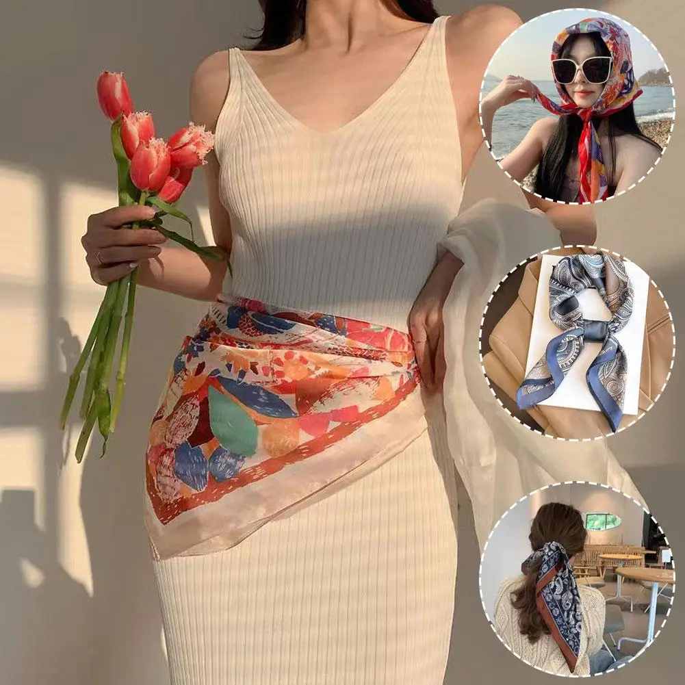 New French Retro 70 Square Scarf for Women, Versatile Summer Sunscreen Silk Scarf, Ins Beach Sunscreen Shawl Headscarf
