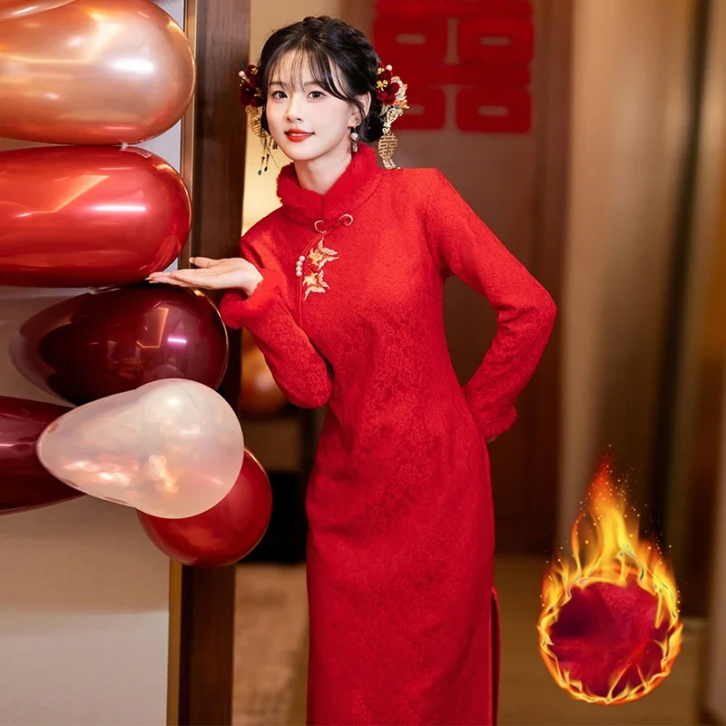 New Style Fleece Chinese Style Red Cheongsam Fashion Tradition Women Chinese Wedding Dress Girl 3XL 4XL