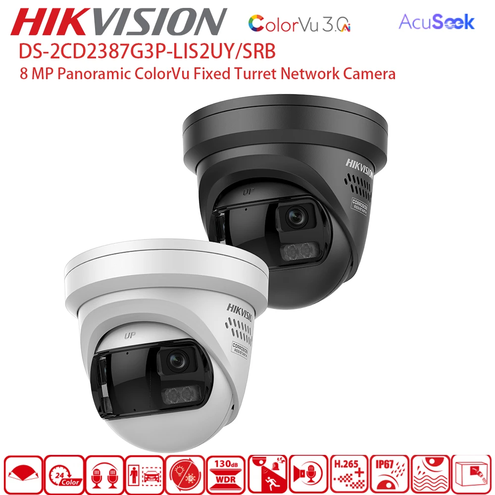 NEW Hikvision 8MP 180° Panoramic IP Camera 4K ColorVu3.0 AcuSeek Red Blue Light Alarm DS-2CD2387G3P-LIS2UY/SRB Black White