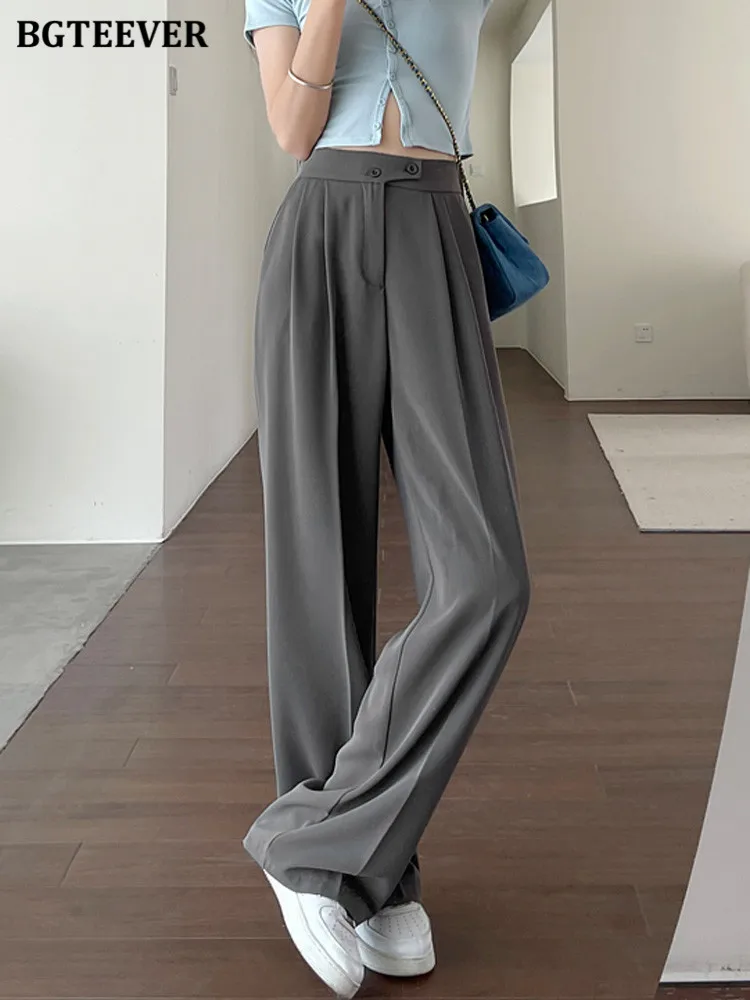 BGTEEVER Spring Summer High Waist Buttons Ladies Suit Pants Elegant Loose Pockets Long Wide Leg Trousers for Women