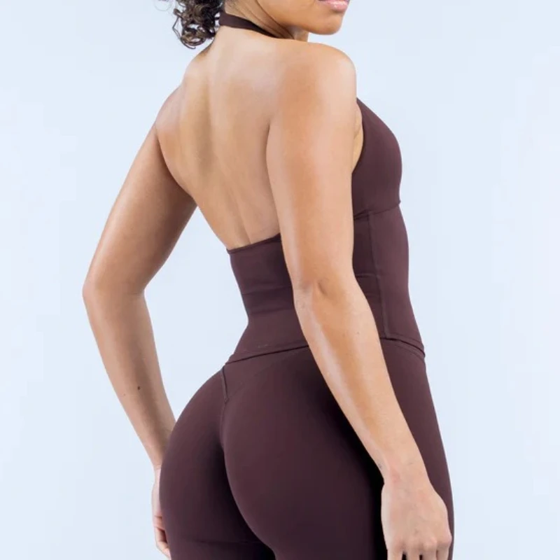 Women Brushed Beauty Back Halter Yoga Tank Top Pilates Running Gym Workout Elastic Breathable Fitness Training Sports Tops