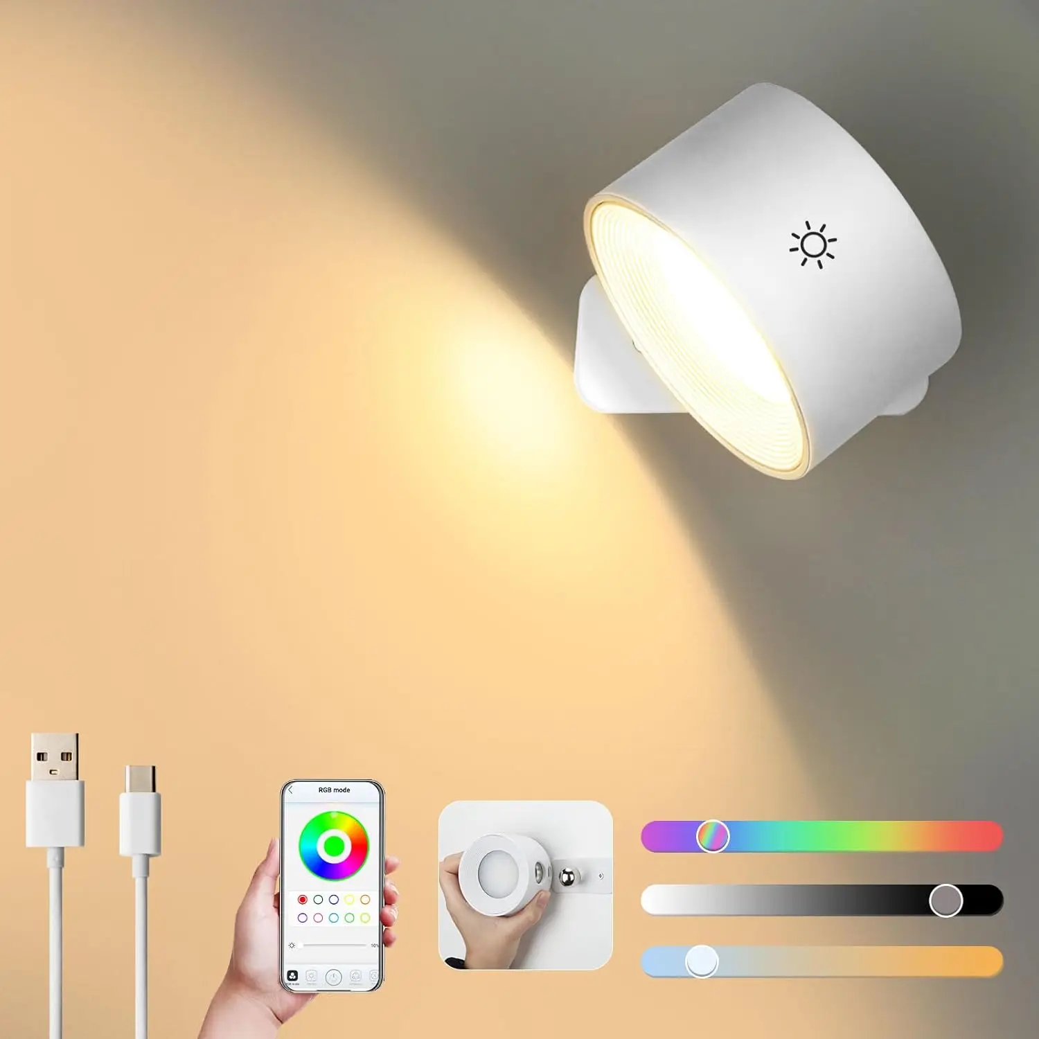 Lightess Dimmable Wall Mounted Lamp with 3 Lighting & RGB & Ambiance Mode, APP & Touch Control,Cordless