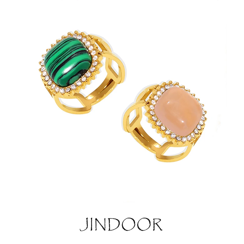 JINDOOR Open Ring with 3A Cubic Zirconia & Natural Stone, 316 Titanium Steel, PVD Coated, Durable Fashion Jewelry for Women