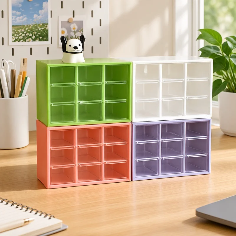 Clear Plastic Desktop Storage Box with 9 Sections and Mini Drawers for Study Area and Wall Mounting