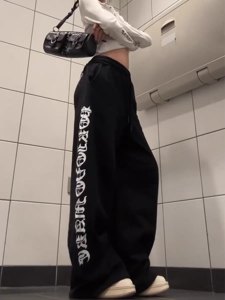 American hiphop carta impressão calças casuais das mulheres de cintura alta retro rua jazz dança perna larga moletom solto ajuste