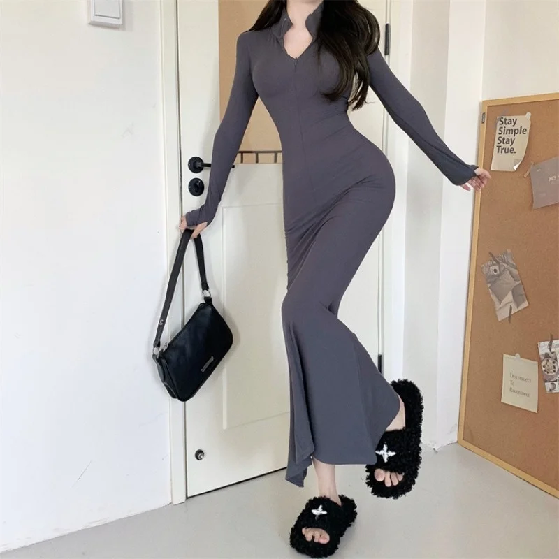 

Autumn And Winter Zipper Stand Collar Grey Dress Women's Long Sleeve Underlay Long Dress Tight Waist Fishtail Hip Wrap Dress