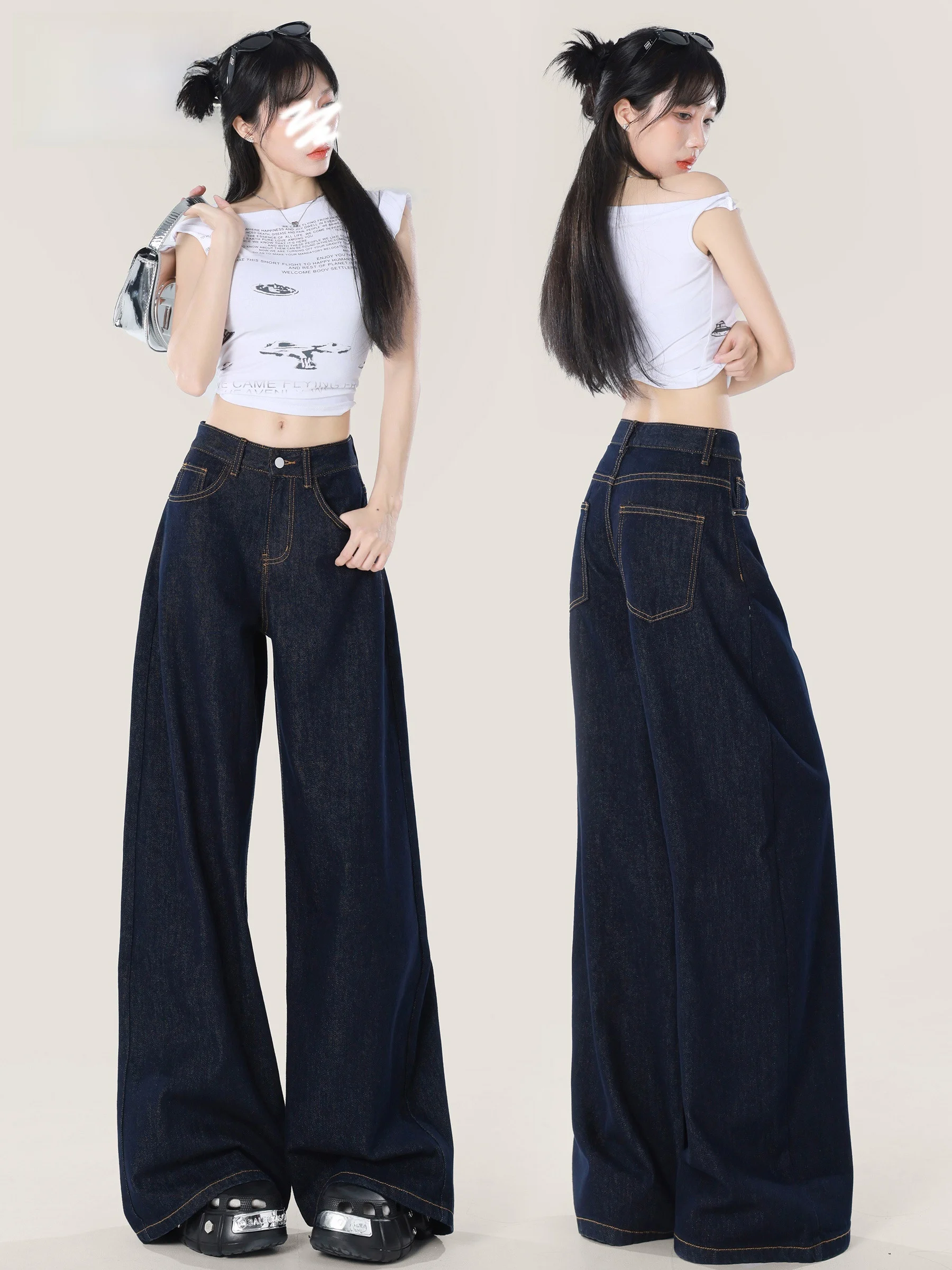 

Deep Blue High Waist Wide Leg Jeans Women's Autumn 2026 New Loose Slimming Versatile Floor-Length Pants Casual Wear