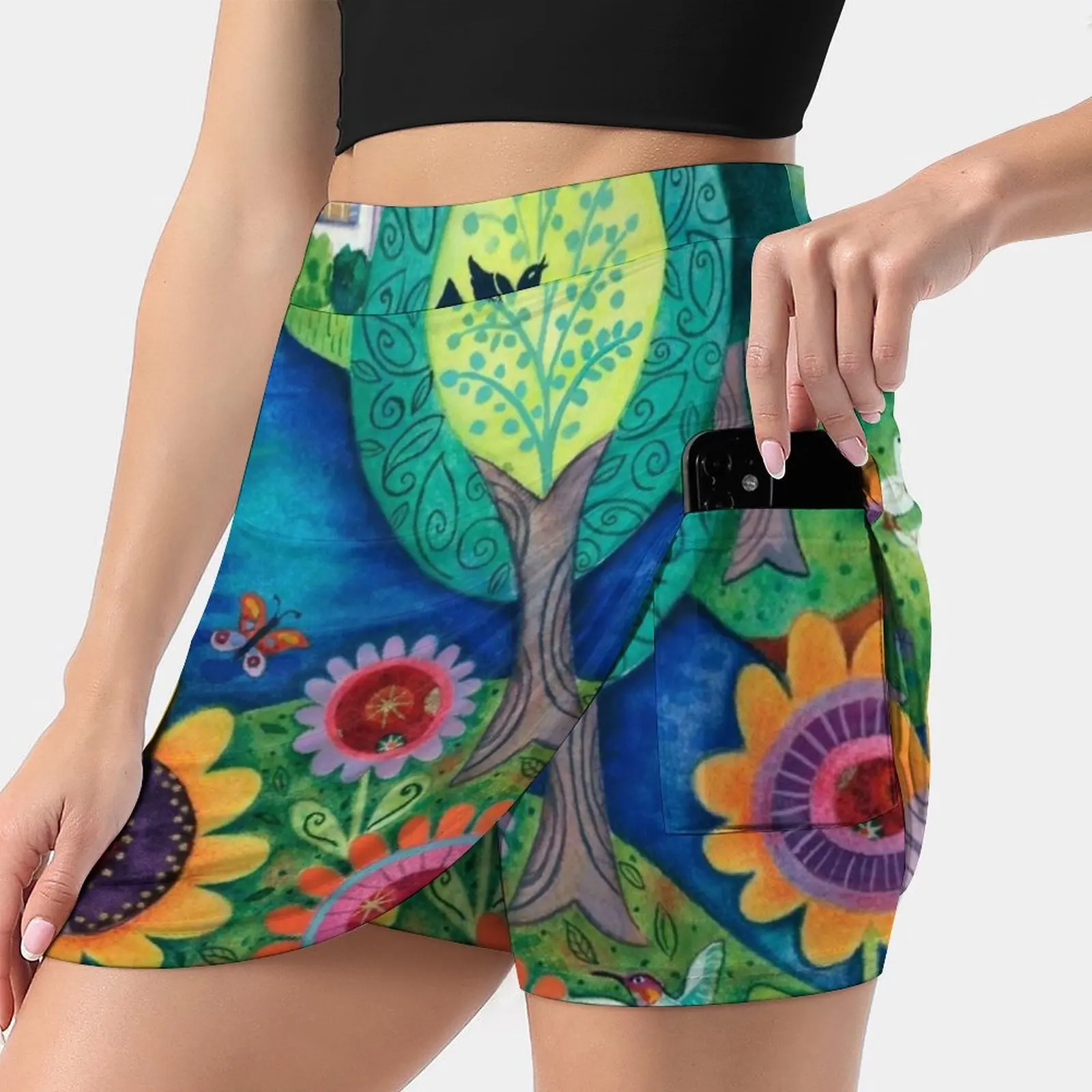 Summer Garden Women's skirt Mini Skirts A Line Skirt With Hide Pocket Summer Landscape Garden Water Trees Birds Houses Flowers