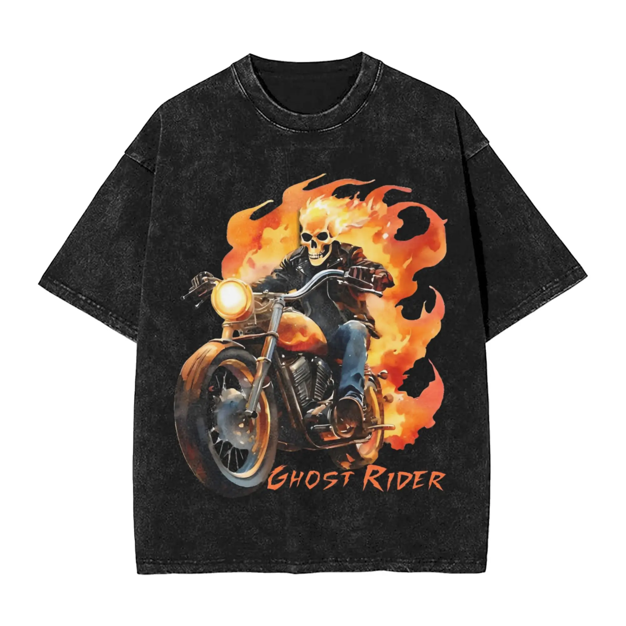 

Промытая рубашка в стиле Харадзюку Ghost Rider Art Work, винтажные футболки, уличная одежда больших размеров, хлопковая летняя футболка