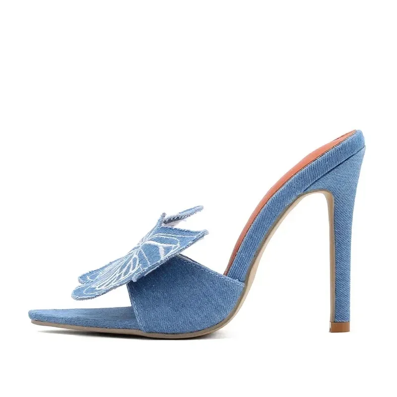 2024 Mode Blauwe Denim Vlinder Vrouwen Fijne Hoge Hakken Slippers Sexy Puntige Neus Open Neus Sandalen Strippers Party Muilezel Schoenen