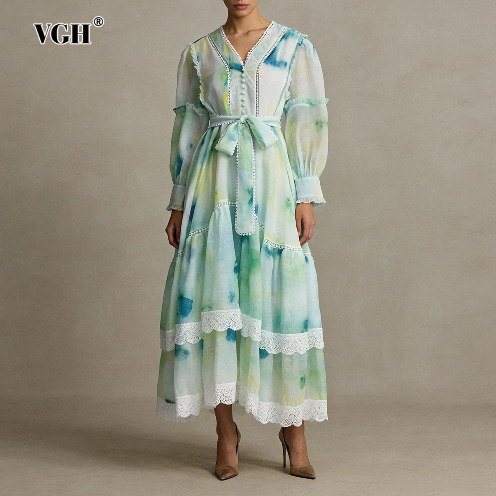 

VGH Французское повседневное платье-торт для женщин с v-образным вырезом и рукавами-фонариками, высокой талией, лоскутное платье на шнуровке, тонкие женские платья с вышивкой
