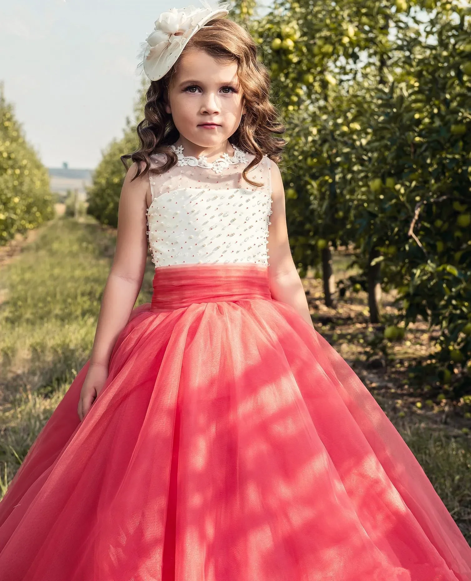 Elegant ดอกไม้สาวชุดลูกไม้ Tulle พิมพ์ปุยเจ้าหญิงงานแต่งงานชุดบอล First Communion วันเกิด Gowns