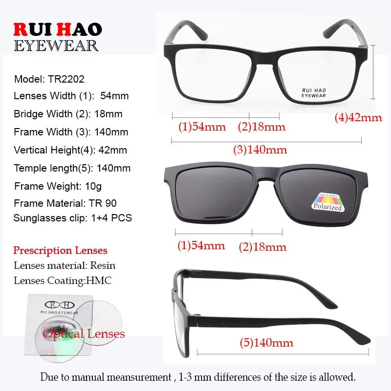 Rectangle Prescription Glasses Men Customize Recipe Eyeglasses Spectacles Frame Wiht 5 PCS Clip on Sunglasses TR2202