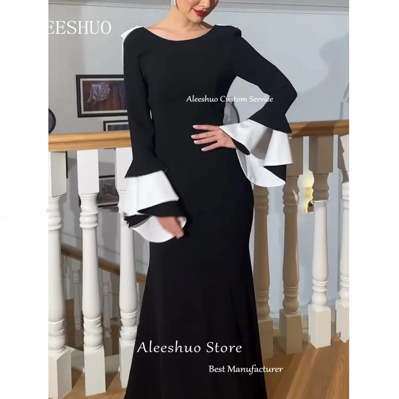 Classic Black Mermaid Evening Dress Sexy Backless Pleat Beading Pearls Formal Women Long Sleeves Prom Party Gowns Customized