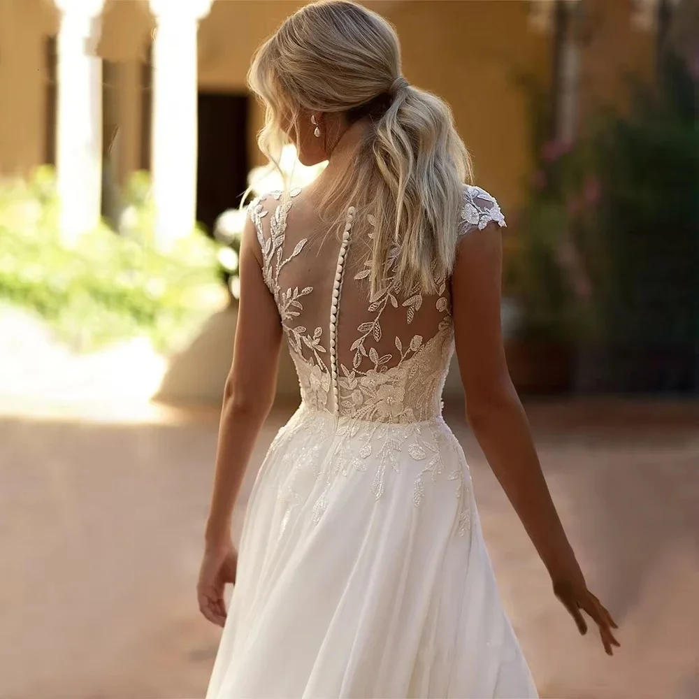 Chiffon Wedding Dresses Beaded Lace Applique Cap Sleeve Sheer Neck Illusion Buttons Bridal Gown with Slit Boho Simple image 5