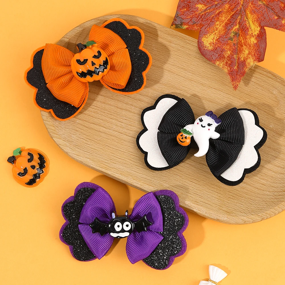 2Pcs New Halloween Bow Hair Clips Cute Pumpkin Ghost Bat Ribbon Hairpins Gothic Barrette For Girls Children Headwear Accessories