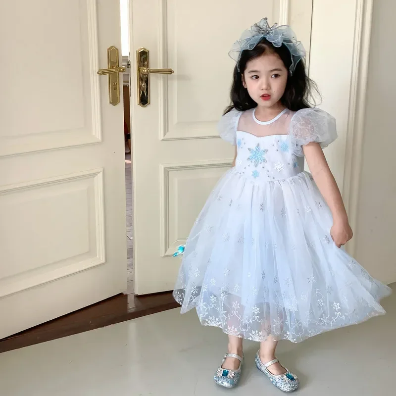 Toddler Baby Girls Ice Blue Dress for Kids Cosplay Princess Vestido Outfit Snow Flakes Cartoon Puff Sleeve Costume