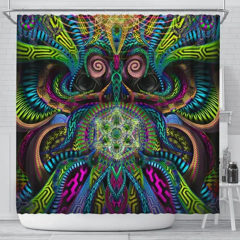 Psychedelic Pentagram Primordial Presence Shower Curtain Colorful Strip Waterproof Fabric Bathroom Decor Hooks Included