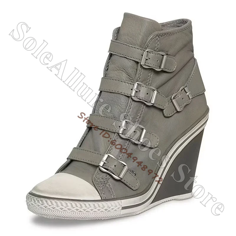 Grey Multi Buckle High Top Wedge Sneakers Vintage Toe Cap Hidden Wedge Heel Retro Street Daily Casual Walking Shoes - view 4