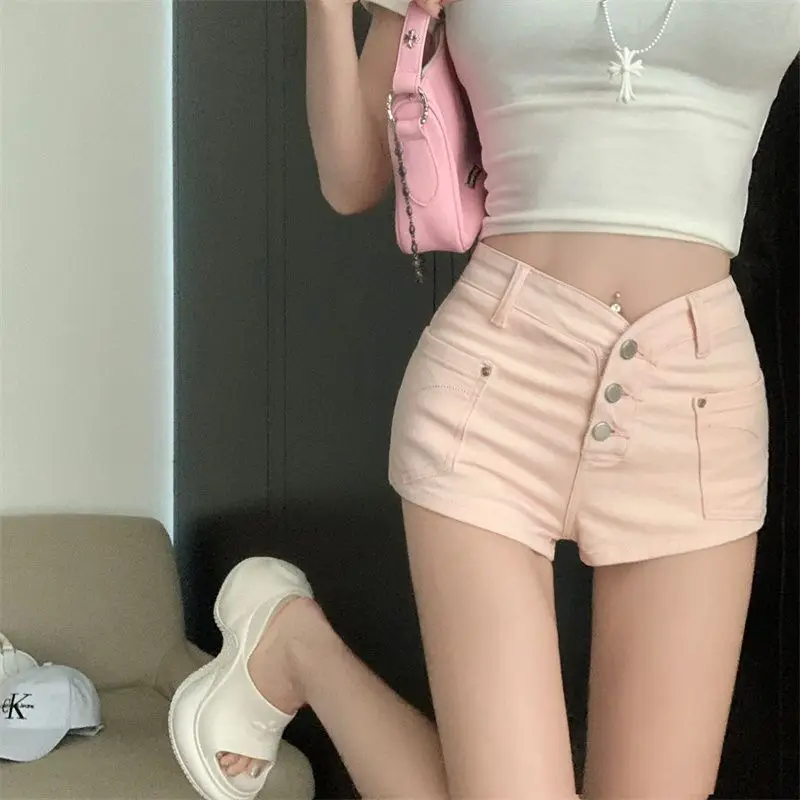 Pink Denim Shorts Women's Summer High Waisted Tight Fitting Sexy Button Jeans Hot Pants