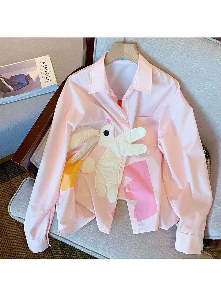 New Fashion Kawaii Pink Loose Long Sleeve Single Breasted Shirt 2023 Spring Women\'s Turn-Down Collar Casual Female Blouse