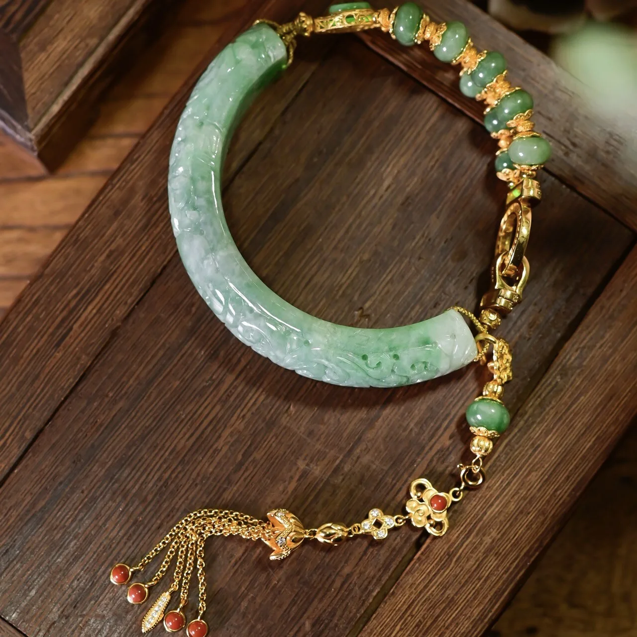 Natural Grade-A Bean Green Carved Jadeite Bangle Bracelet, Apple Beads Double Layer Tassel 925 Silver,Chinese Style Jewelry