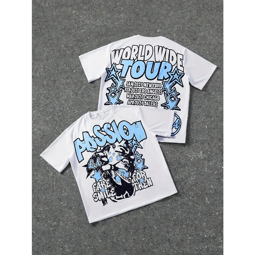 

Мужская свободная футболка с круглым вырезом и короткими рукавами с буквенным и звездным узором, всесезонная футболка из чистого хлопка, уличная футболка большого размера