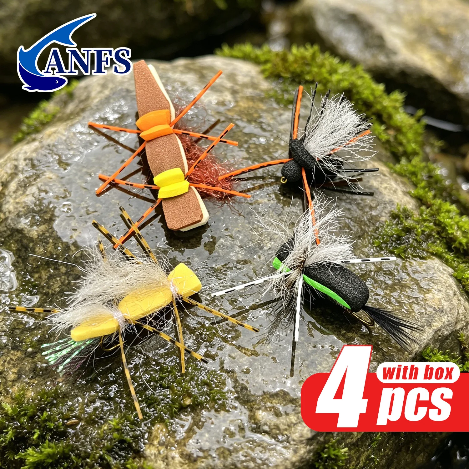 ANFS 4pcs Dry Fly Fishing Flies Assorted Design- Hand Made Foam Flies, Terrestrial Flies, Fly Hooks