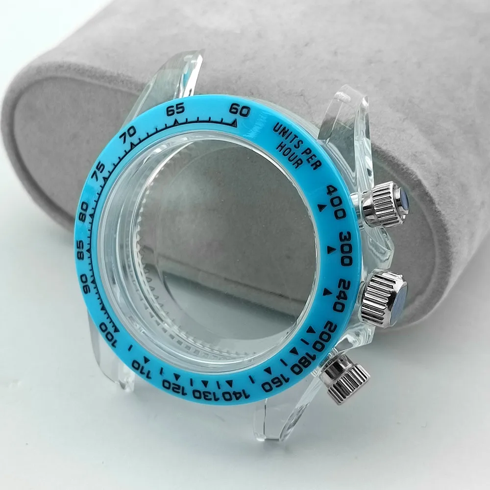 39,5 mm Modisches transparentes Acryl-Uhrengehäuse, passend für VK63-Uhrwerk, Uhrenzubehörteile, blau, gelb, weiß, Uhrenbox – Detail 8