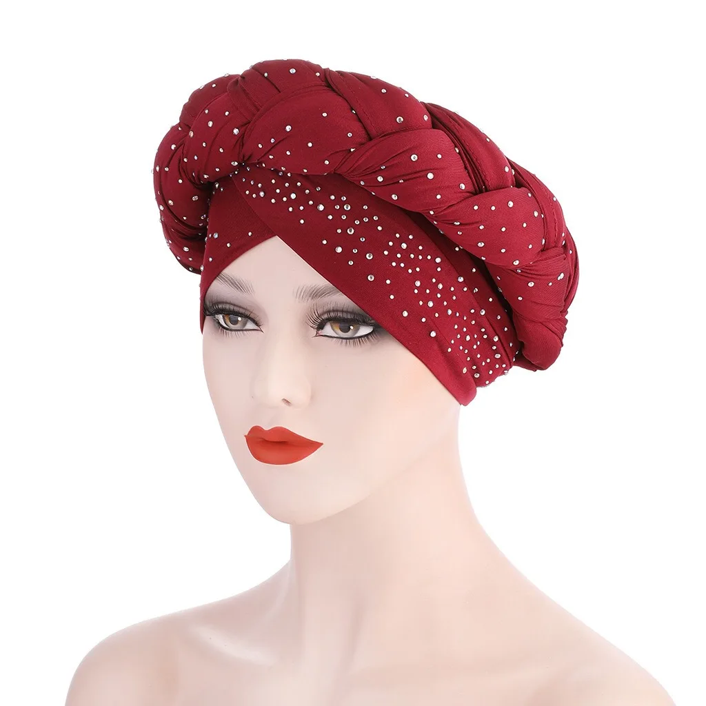 2 Pcs Turban Hijab Caps Aso Oke Gele Milk Silk Big Braid Turban Hat Already Made Gele Head Wrap Stones Ladies Hat Auto Headtie