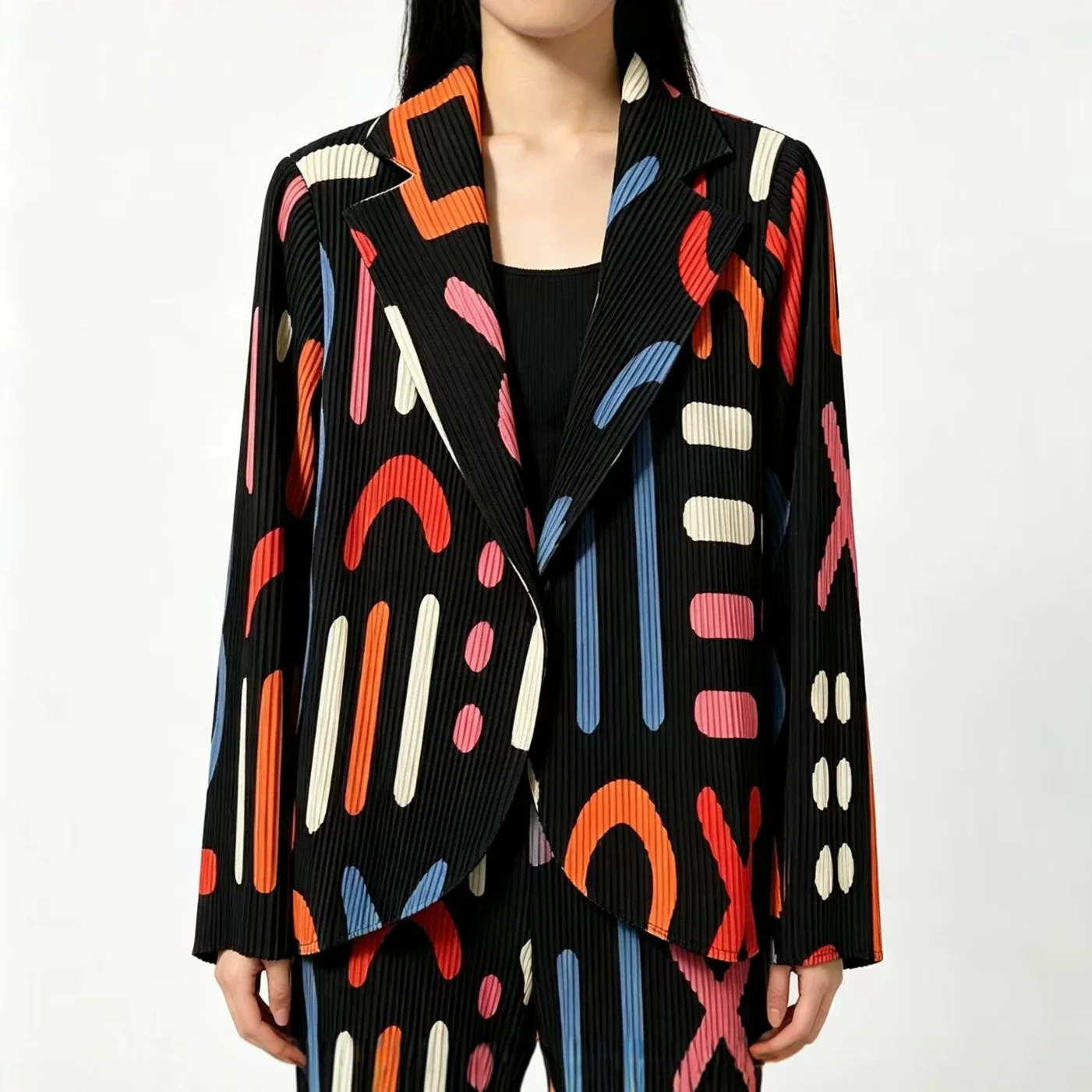 Miyake Pleated Blazer Women Lapel Collar Geometric Print Single‑Button Loose Wrinkle‑Resistant Casual Pleated Suit Jacket
