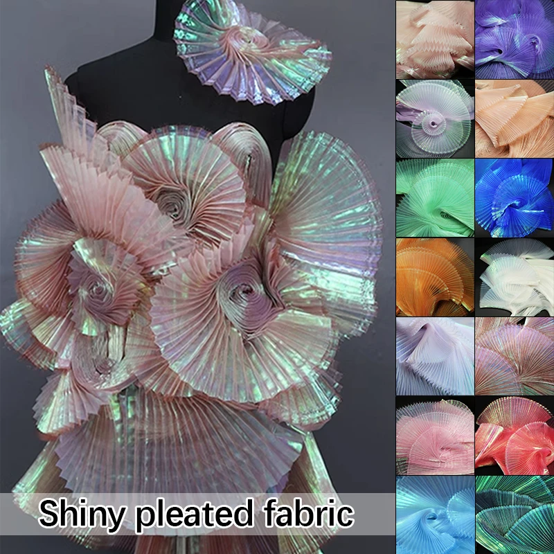 Iridescent Gradient Pleated Organza Fabric Magic Color Laser Plisse Fabric Accordion Crimping Wrinkle Sewing Material for Dress