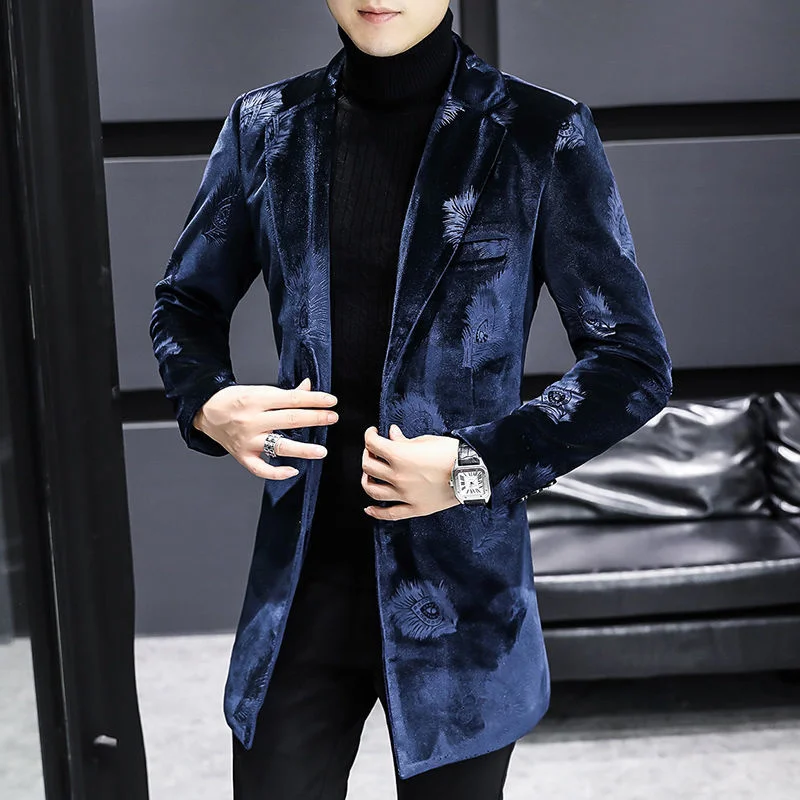 Royal Blue Print Velvet Warm Coat Designer Men Winter Wool Blends Jacket Men Trendy Slim Fit Long Winter Jacket And Coat For Men