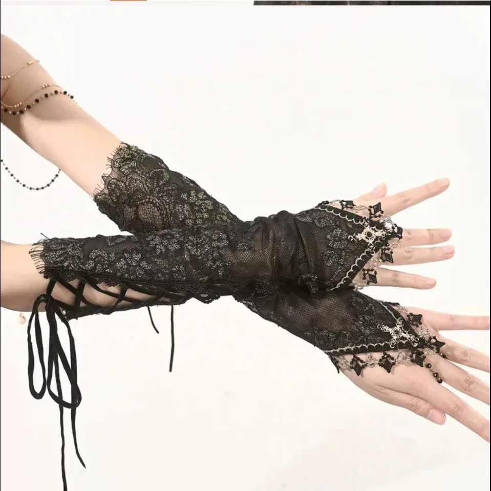 Europe Gothic two layers lace long arm sleeve cool girls lace-up bandage black Cross Embroidery Arm Warmers Gloves
