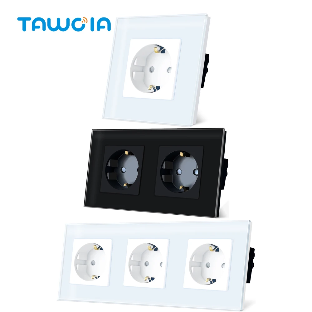 

TAWOIA Wall Power Socket EU Standard 16A Double Socket 3 Outputs Socket Black White Grey Glass Panel 110V-250V Multiple Sizes