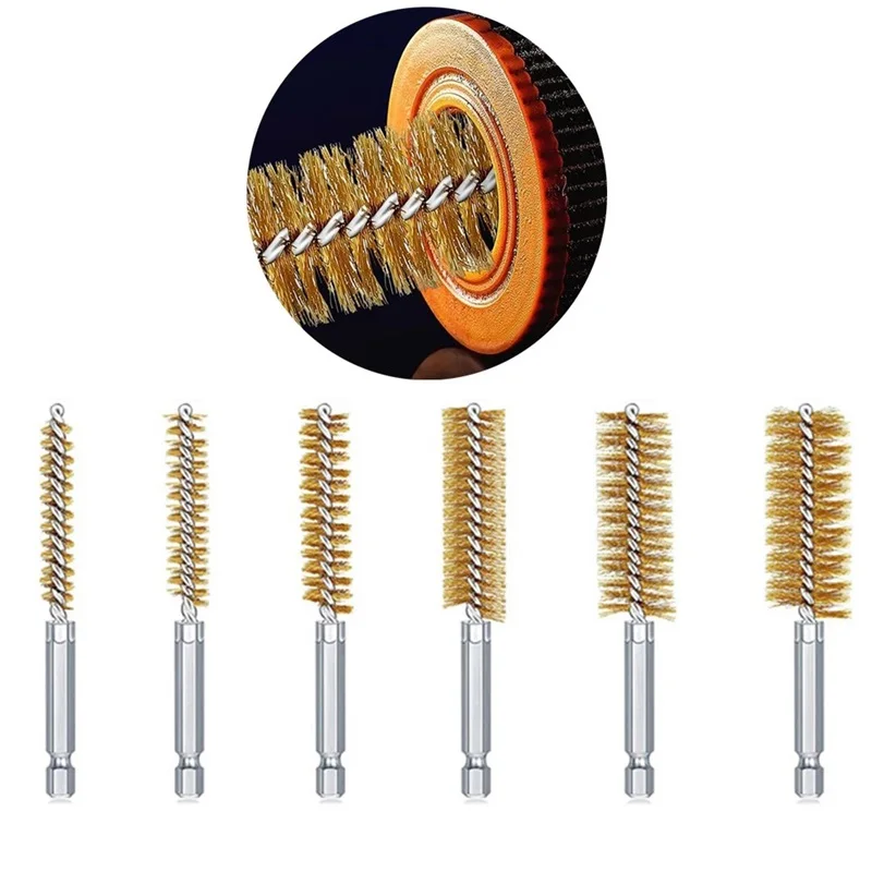 

6 Pcs Stainless Steel Pipe Cleaning Brush Set 1/4" Hexagonal Bar Twisted Wire Hole Brush Cleaning Brush Bristle Wire Hand Tool