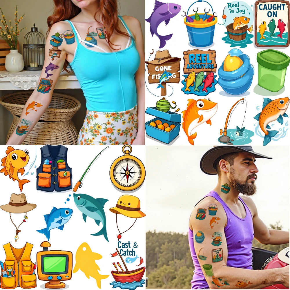 63pcs Temporary Tattoo Fishing Stickers Temporary Tattoo Stickers Fishing Adventure Cartoon For Cheeks Men Adults