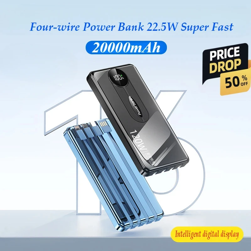 4-wire Power Bank 20000mAh Fast Charging Compact Large Capacity for iPhone and Android phones 10000Mah Power Bank