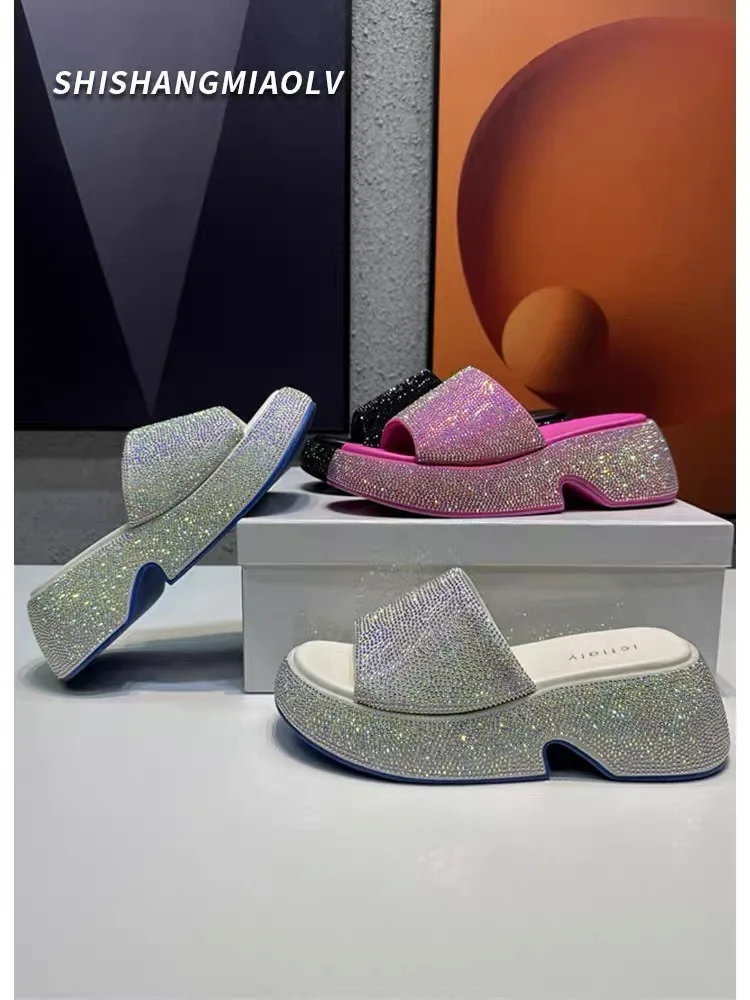 Women Luxury Crystal Slippers Outdoor Blingbling Slides Summer Shoes High Heels Unique Design Holiday Fashion Height Increase