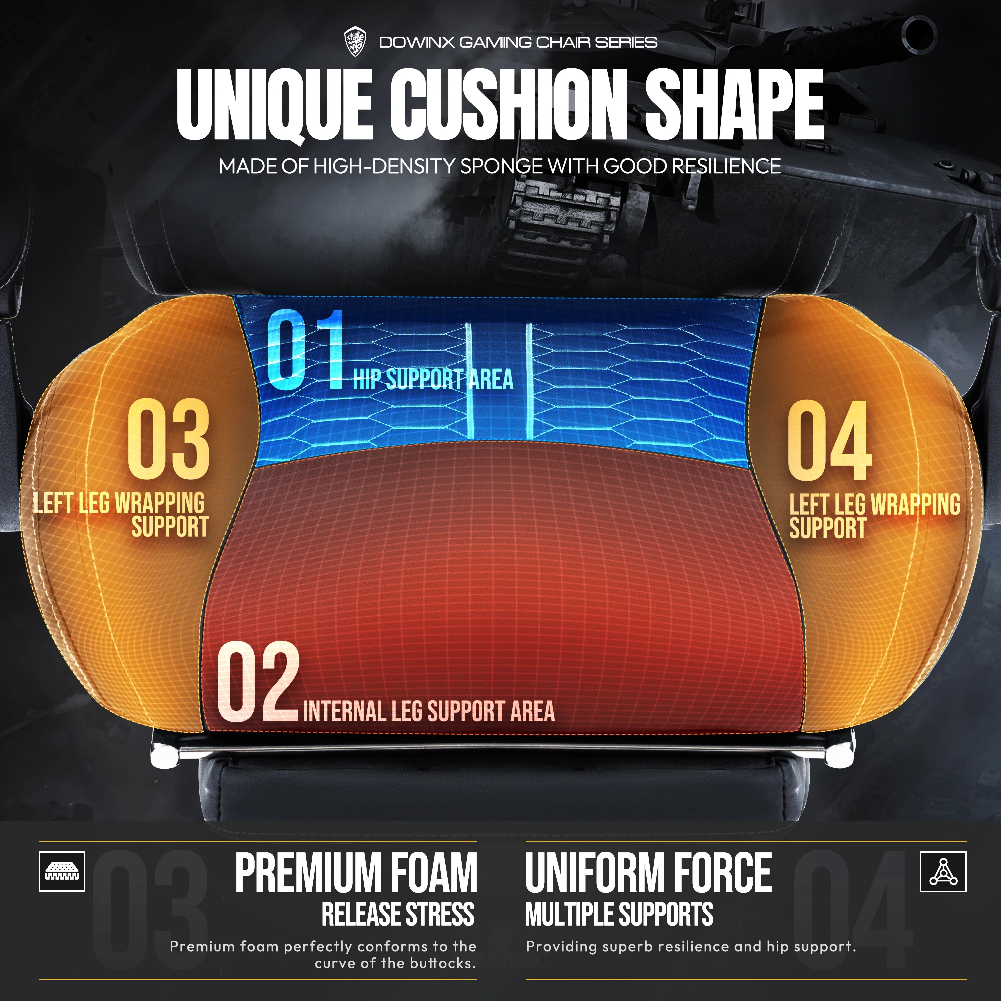 كرسي ألعاب Dowinx مع دعم قطني للتدليك الساخن، كرسي كمبيوتر مريح للألعاب مع وسادة زنبركية للجيب ومسند للقدمين #5