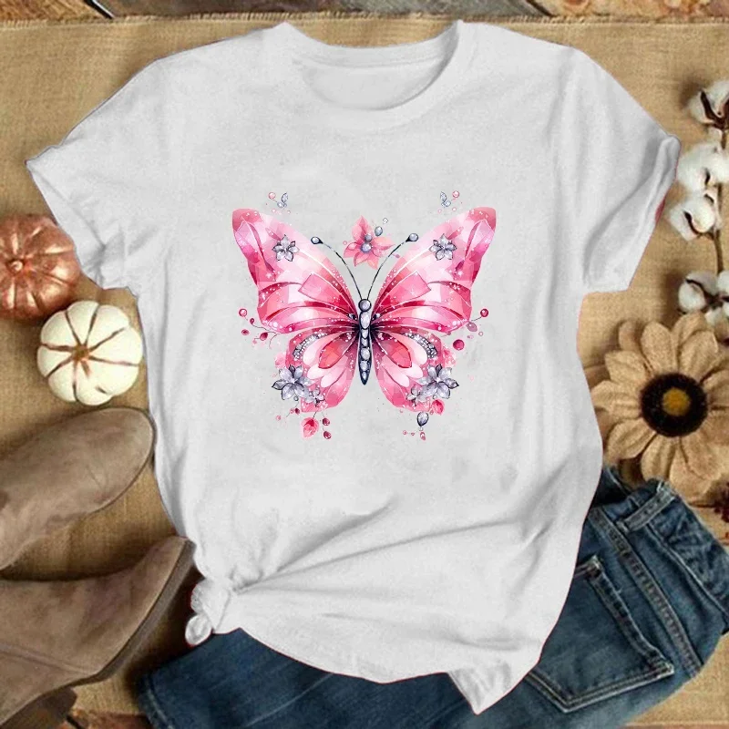 Fashion Flower Butterfly Printed T-Shirts Men Women Summer Casual Short Sleeved T-Shirts Round Neck Tops Flower Butterfly tops