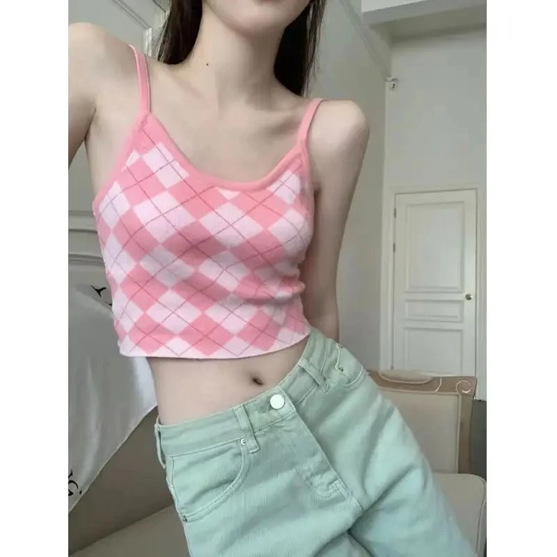 

Y2K European and American pink plaid vintage street style T-shirt Gothic summer slim women's sweatshirt new printed Cami shirt