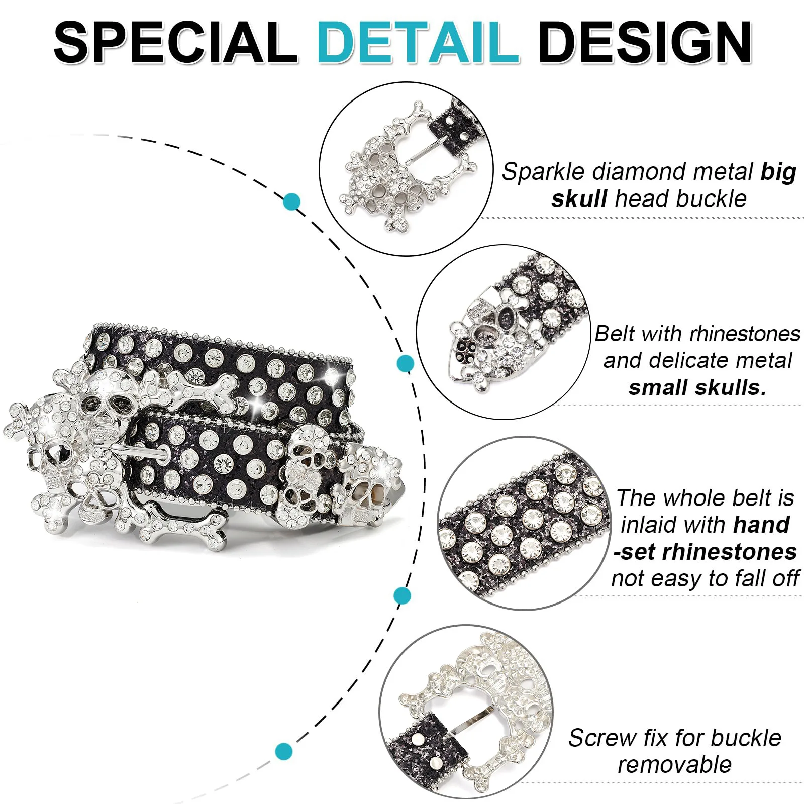 Western Leather Belt Crystal BlingBling Punk Belt Skull Pile Water Diamond Fashion Belt for Cowboy