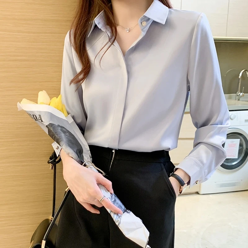 Shirts Women Long Sleeve Shirts Blouses for Women Satin Clothing Shirt Office Lady Solid Shirt Blouse 2024 Spring OL Fashion Top