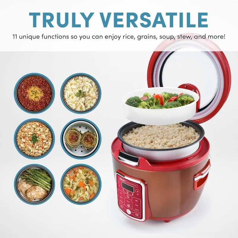 Cool-touch glass lid, food steamer, slow cooker, multi-cooker with 11 preset functions, steam tray, measuring tool, rice spatula