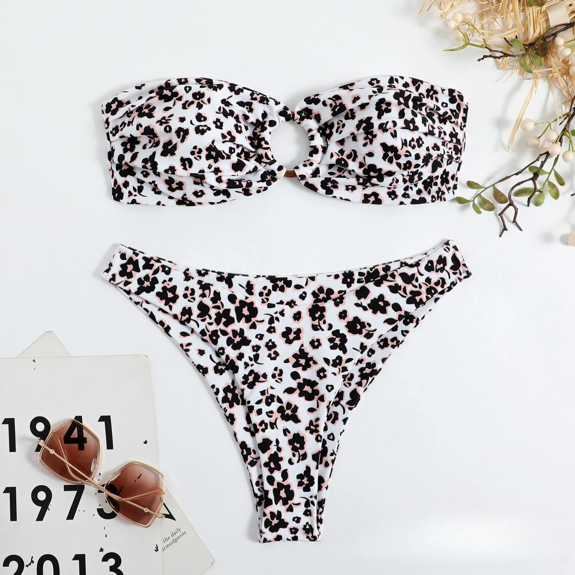 2024 New Strapless Bikini Women Double-sided Printing Swimsuit Sexy Hollow Out Ring Two-Piece Bathing Suit Thong Beach Swimwear