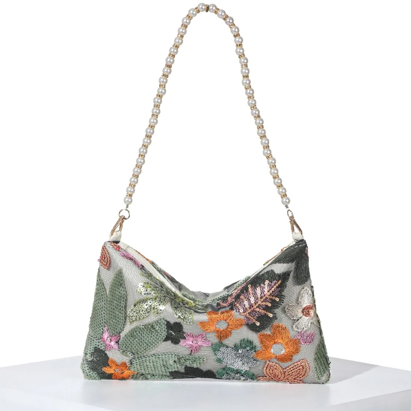 2026 Autumn New Embroidered Sequin Underarm Bags Chinese Style Flower Print Pearl Chain Handbags Tote Bags For Women Prom Party