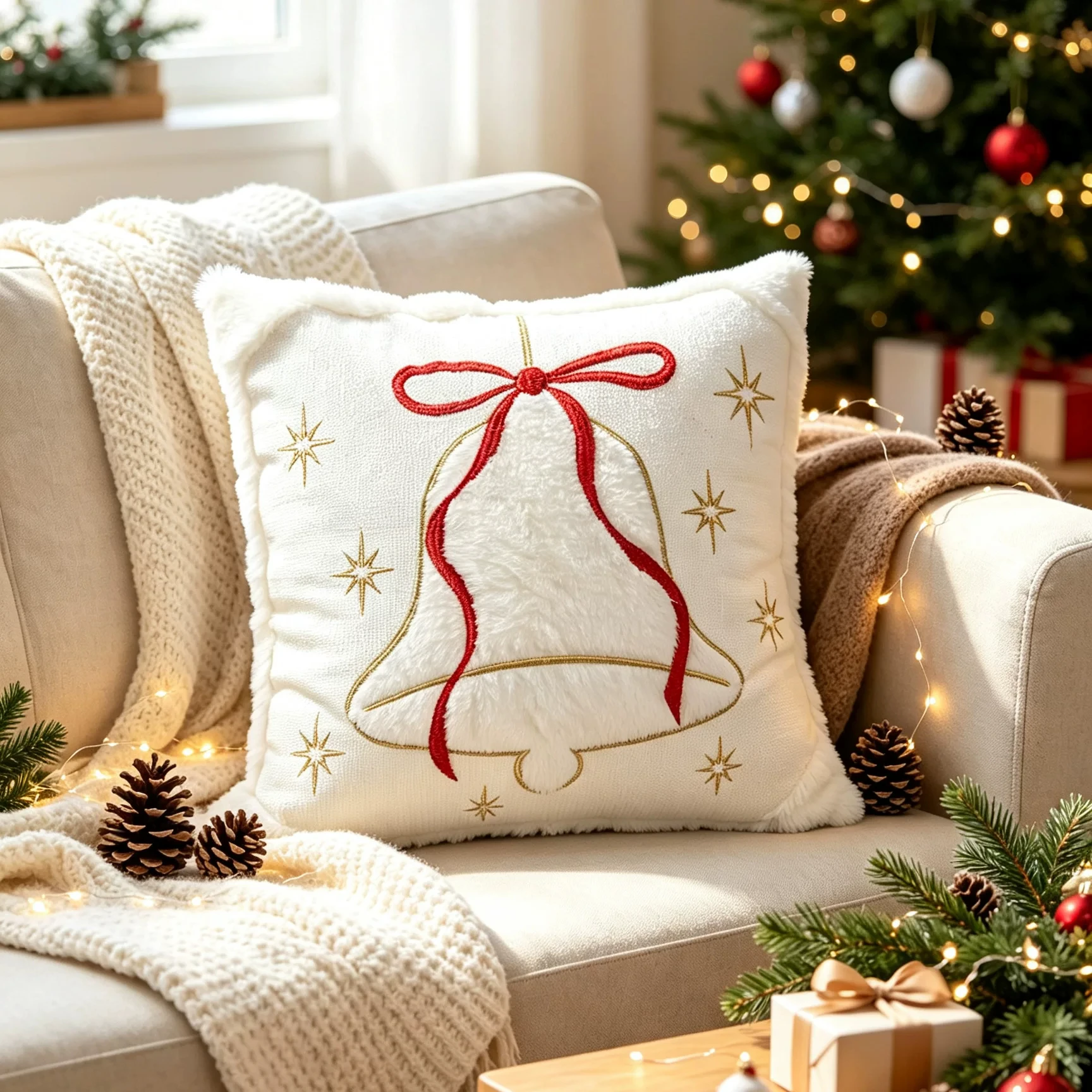 Christmas Holiday Embroidered White Plush Square Throw Pillow with Snowflake Bow for Sofa Bedroom Decor